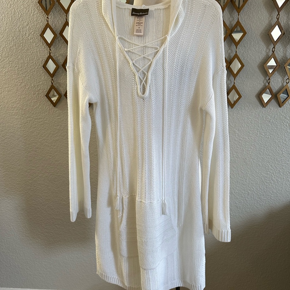 Tommy Bahama White Coverup with Lace- Up V-Neck and Long Sleeves